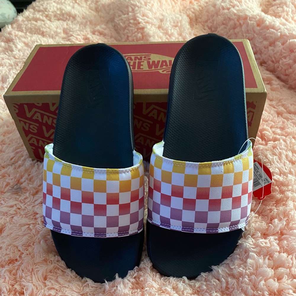NEW with tags and box. Vans rainbow slide ons